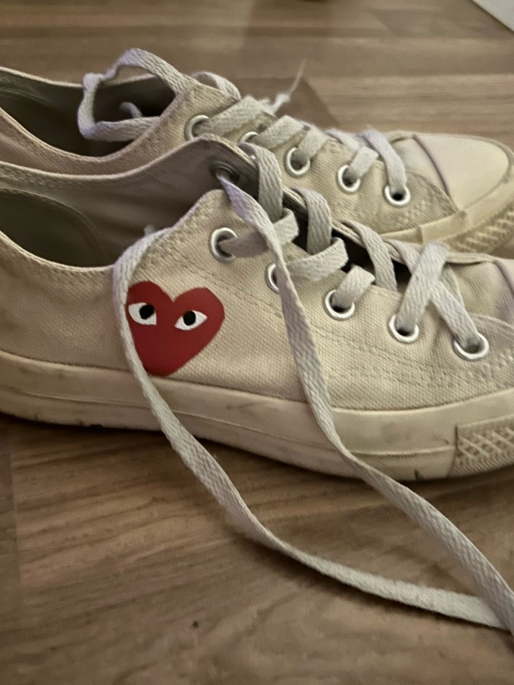 Comme des Garcons Cream Canvas Sneakers with Red Heart